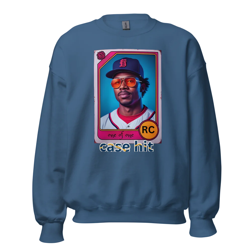 Blue sweatshirt with a graphic of a baseball player on a card design, featuring the text 'case hit'.