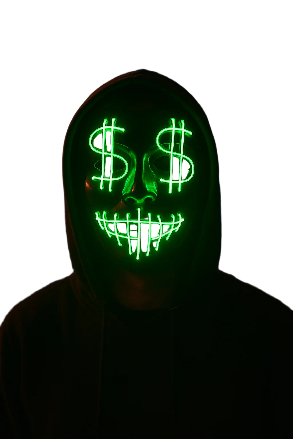 Person wearing a glowing green mask with dollar sign symbols in a dark setting.