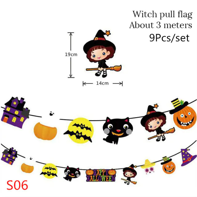 Halloween-themed pull flag set with illustrations of a witch, pumpkin, bat, and cat on a white background.