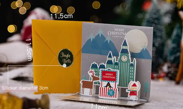 Christmas card with 3D popup design and measurements on a festive background