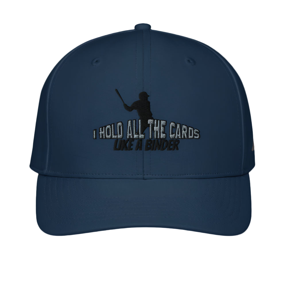 Navy blue cap with text and silhouette design on a white background