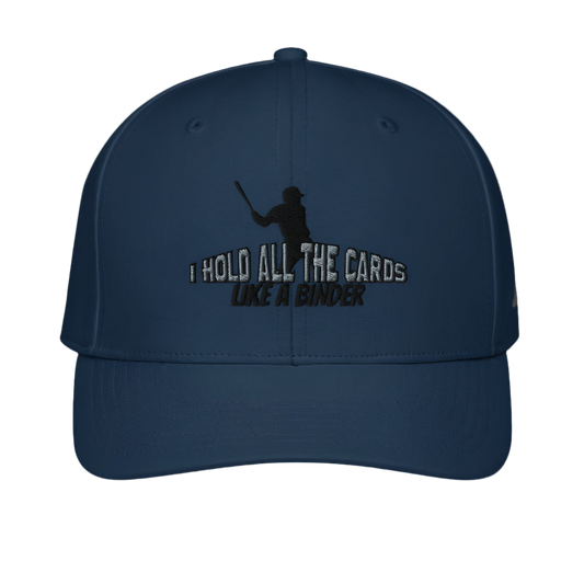 Navy blue cap with text and silhouette design on a white background