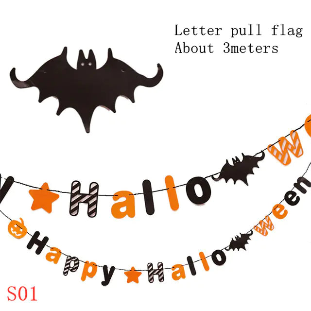 Halloween-themed letter pull flag with black bats and colorful letters on a white background.