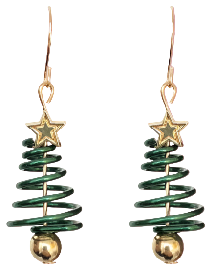 Green spiral earrings with gold stars and spherical elements on a white background