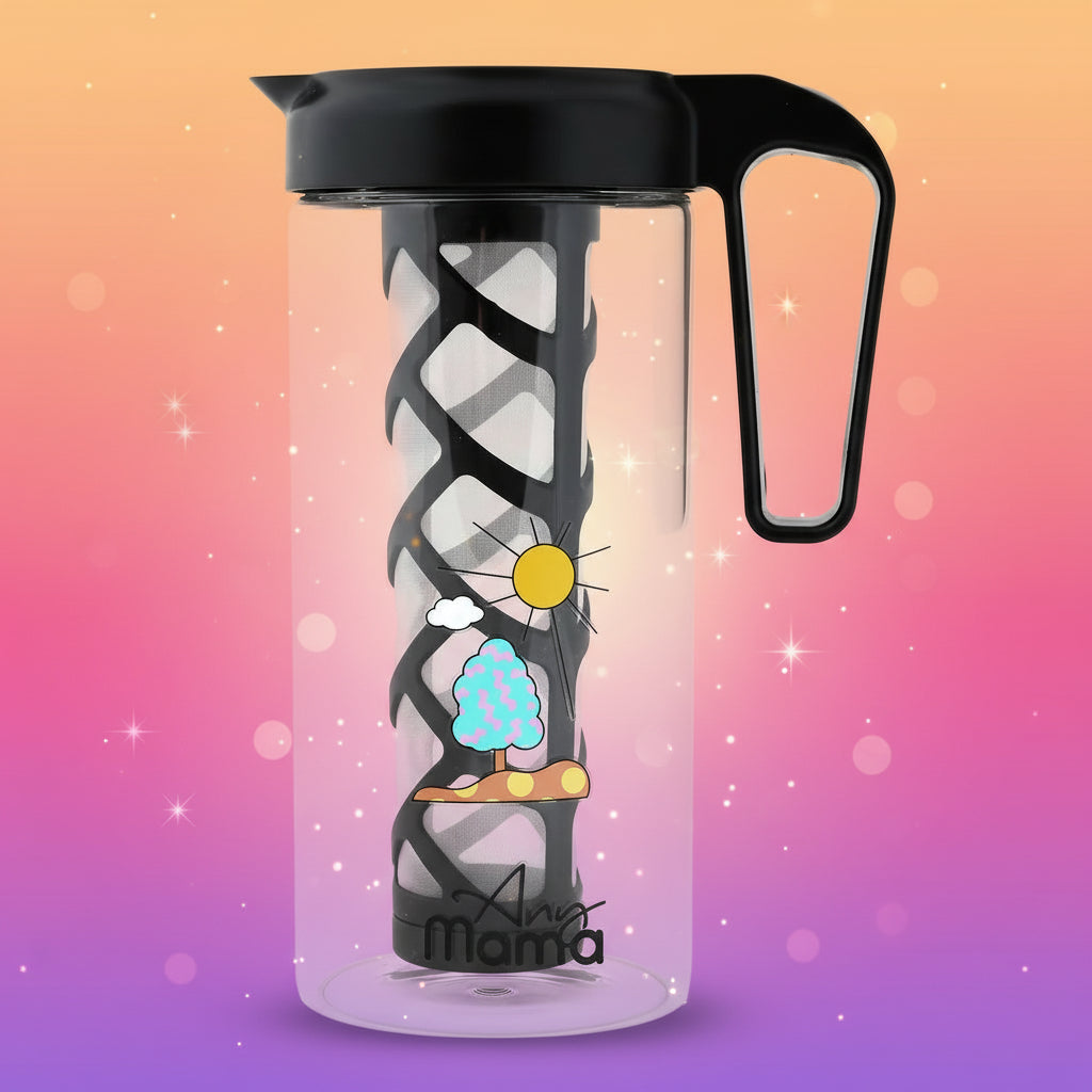 Clear water bottle with black lid and handle, featuring a black patterned sleeve and colorful design elements on a white background.