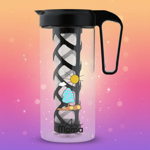 Clear water bottle with black lid and handle, featuring a black patterned sleeve and colorful design elements on a white background.