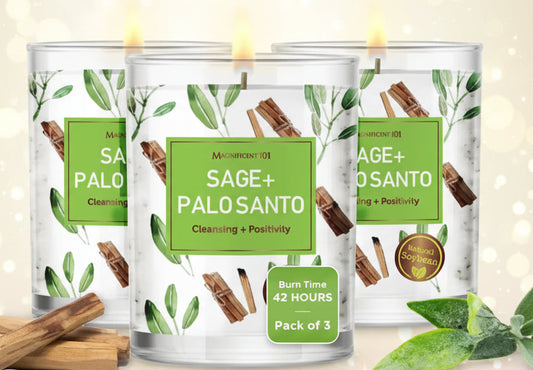 Three Sage + Palo Santo candles with packaging on a white background