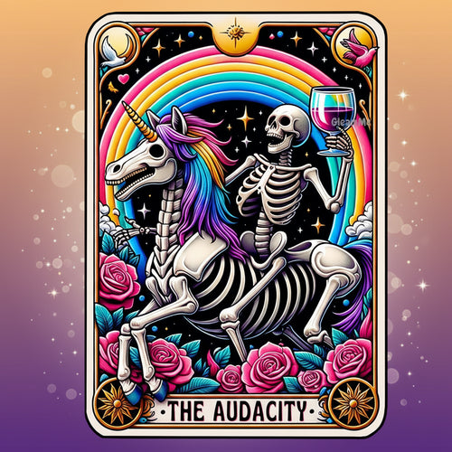 Unicorn skeleton with a skeleton rider against a colorful background with roses and a rainbow.