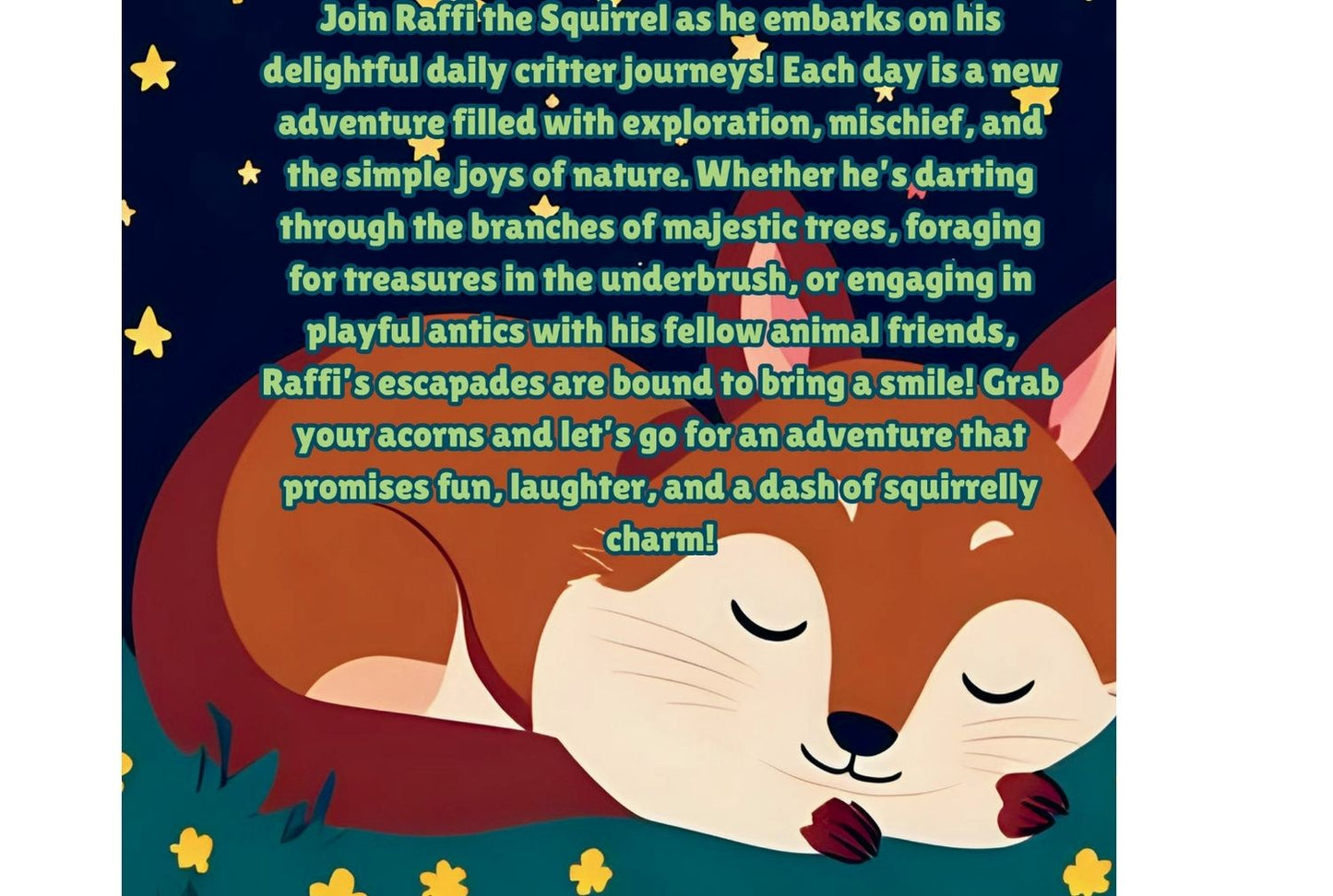 Illustration of a fox with text about Raffi the Squirrel on a blue background