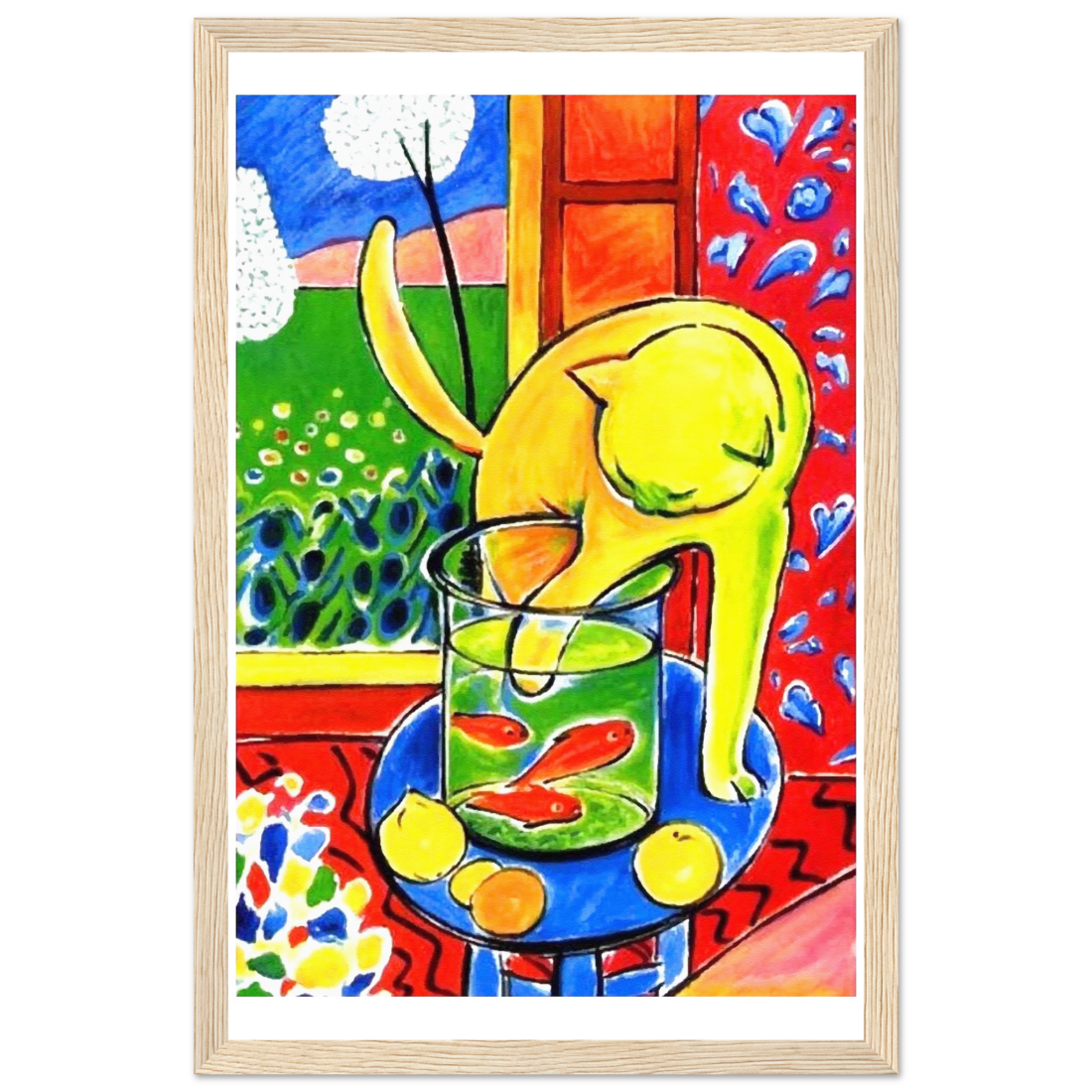 Colorful abstract painting of a cat with fish in a glass, framed in white.