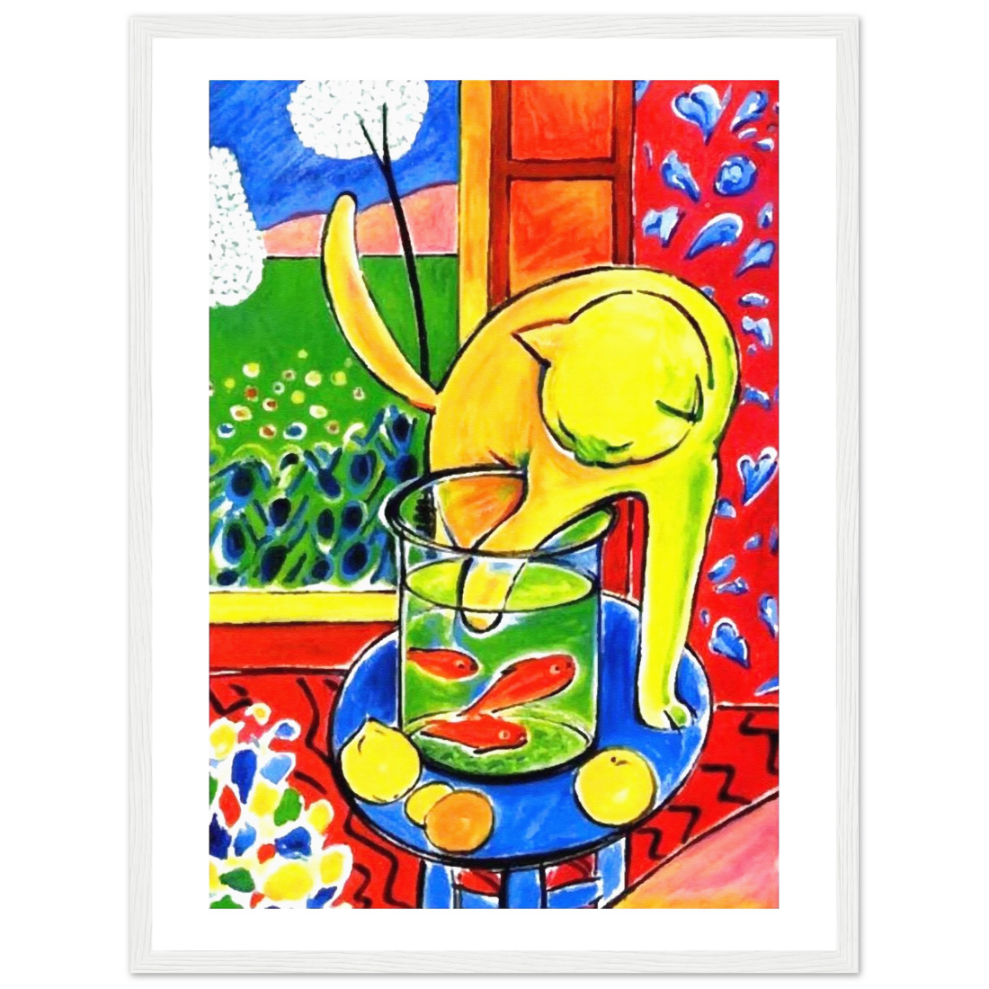 Colorful abstract painting of a cat with fish in a glass against a vibrant background.