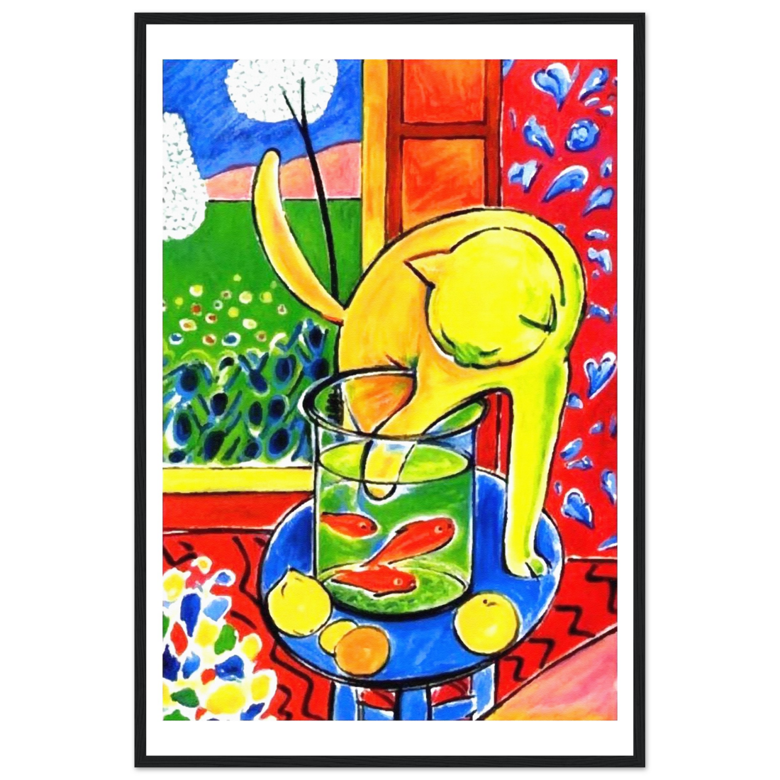 Colorful abstract painting of a cat with fish in a glass, framed artwork.