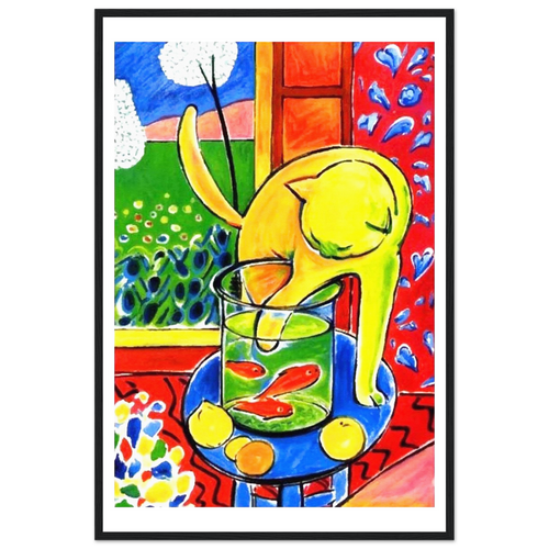 Colorful abstract painting of a cat with fish in a glass, framed artwork.
