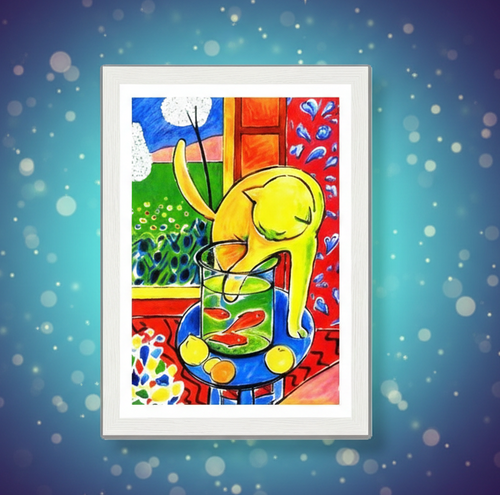 Colorful painting of a cat looking into a fishbowl with a vibrant background