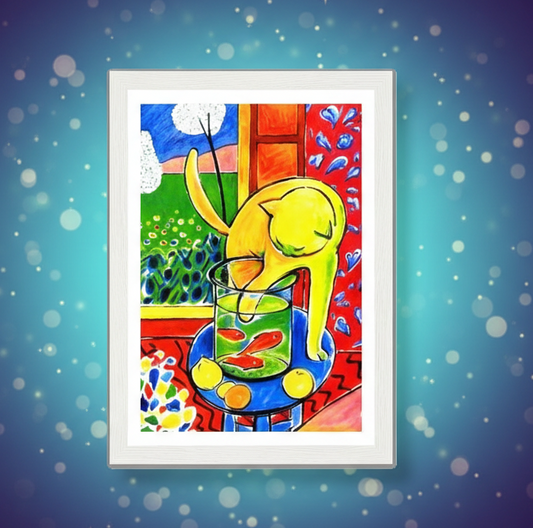 Colorful painting of a cat looking into a fishbowl with a vibrant background