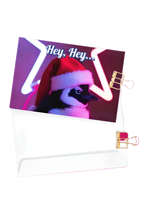 Greeting card with a cat wearing a Santa hat and text 'Hey! Hey!' on a white background.
