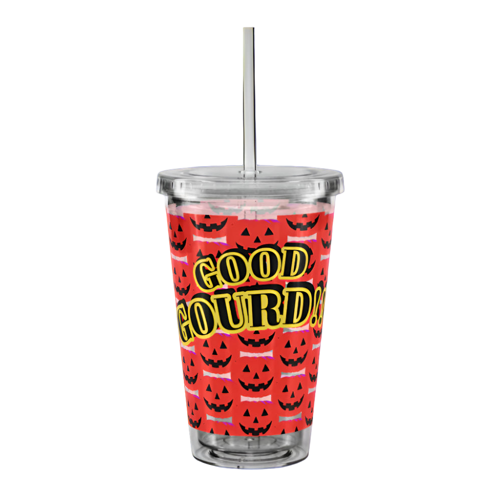 Clear tumbler with Halloween-themed design and 'Good Courd' text on a gray background