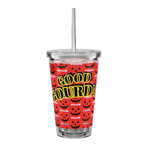 Clear tumbler with Halloween-themed design and 'Good Courd' text on a gray background