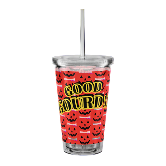 Clear tumbler with Halloween-themed design and 'Good Courd' text on a gray background