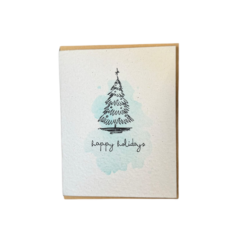 Greeting card with a Christmas tree illustration and 'happy holidays' text on a watercolor background.