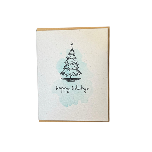 Greeting card with a Christmas tree illustration and 'happy holidays' text on a watercolor background.