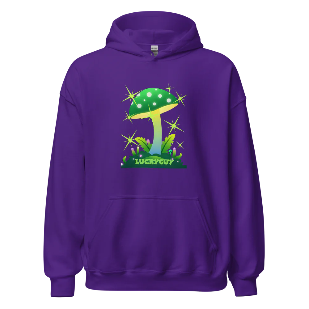 Purple hoodie with a green mushroom graphic on a white background