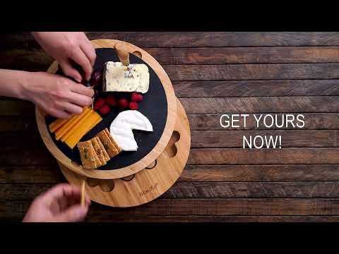 Person arranging food on a wooden cutting board with text 'GET YOURS NOW!'