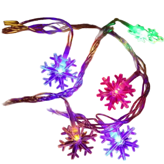 String lights with snowflake designs on a blurred background