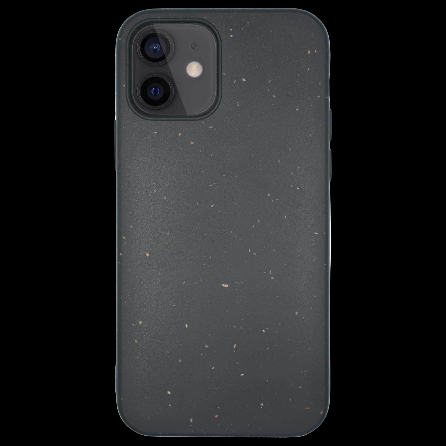Dark gray phone case with speckled pattern on a white background