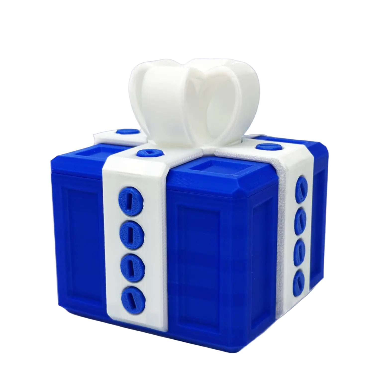 Blue and white cube-shaped tissue holder with tissues on a white background