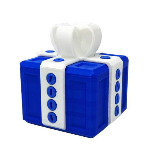 Blue and white cube-shaped tissue holder with tissues on a white background