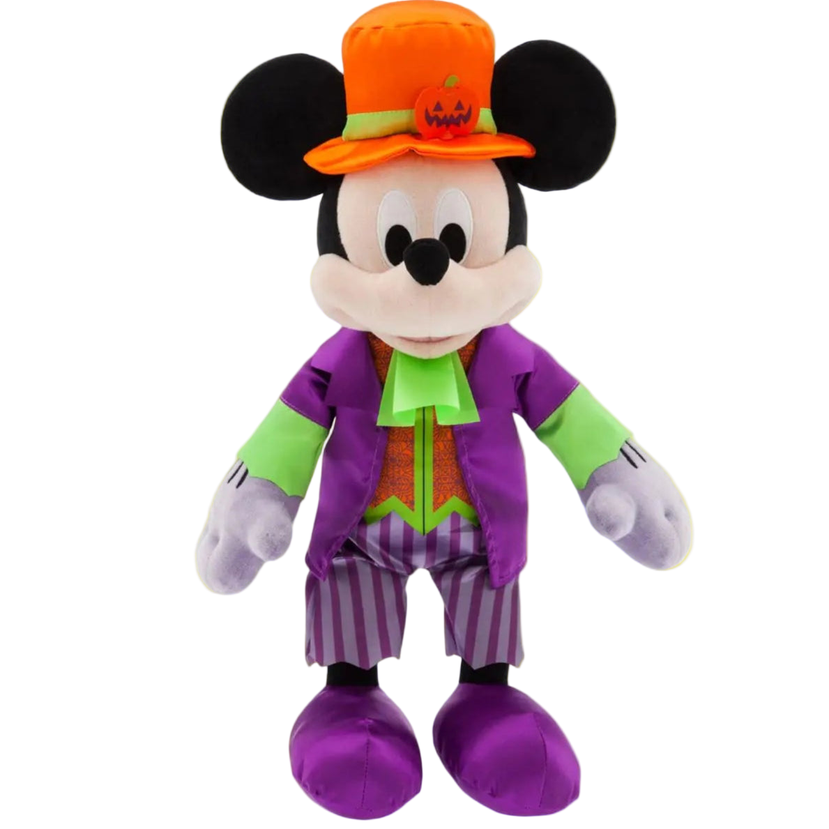 Plush toy of a character in Halloween costume with purple outfit, orange hat, and green shirt on a white background