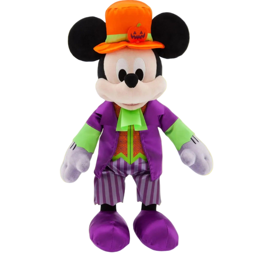 Plush toy of a character in Halloween costume with purple outfit, orange hat, and green shirt on a white background