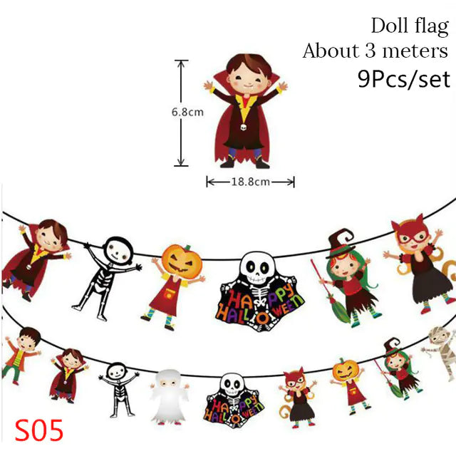 Halloween-themed doll flag set with measurements on a white background