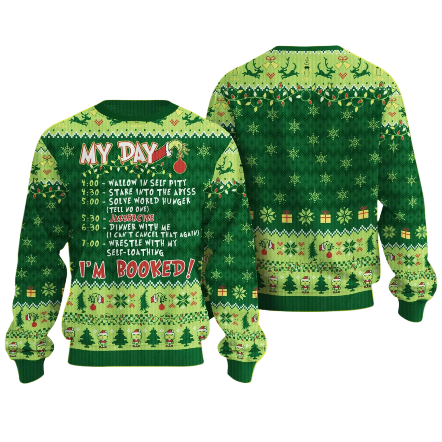 Green Christmas sweater with festive patterns and text on a white background