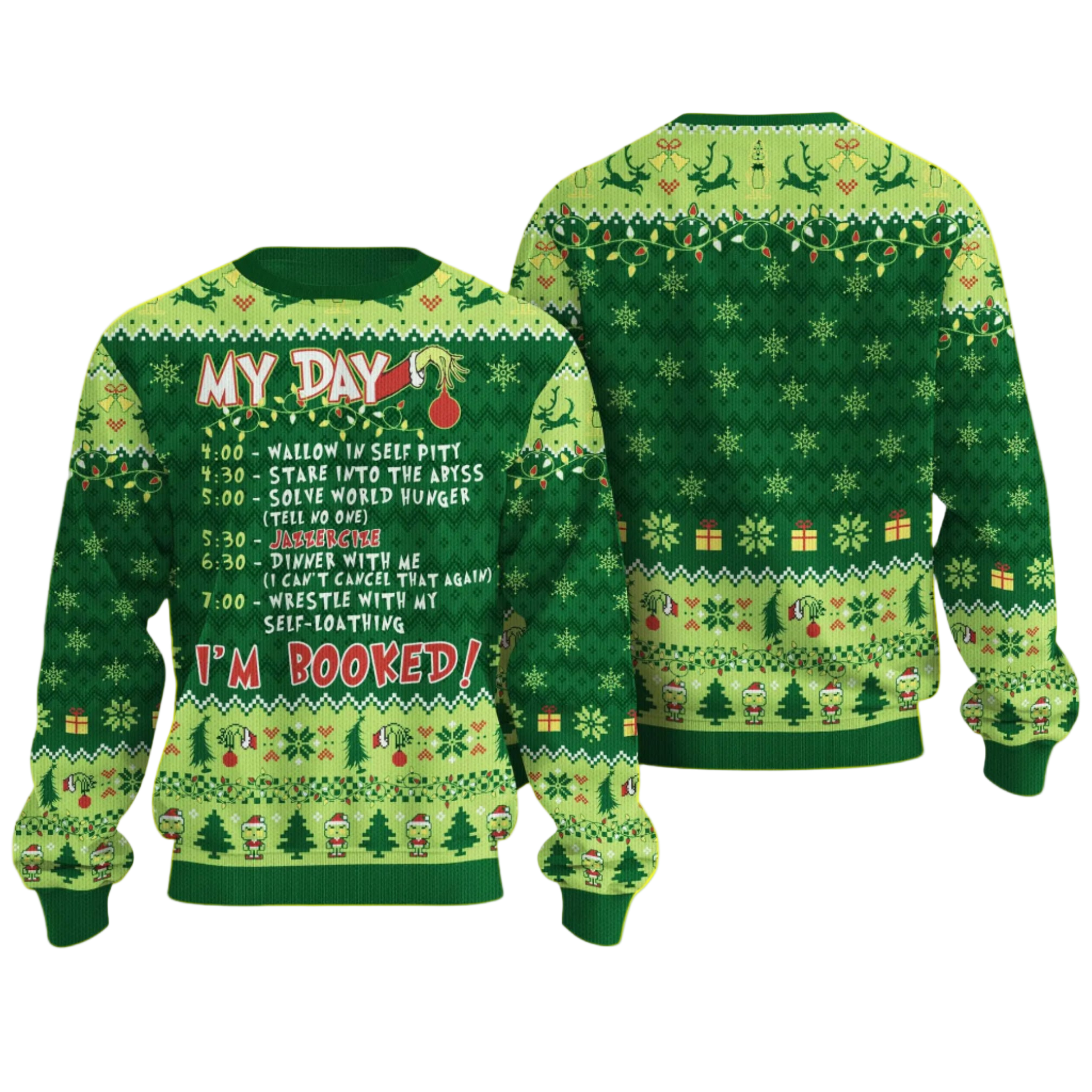 Green Christmas sweater with festive patterns and text on a white background