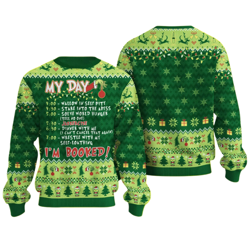 Green Christmas sweater with festive patterns and text on a white background