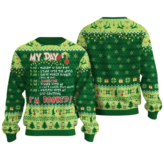 Green Christmas sweater with festive patterns and text on a white background