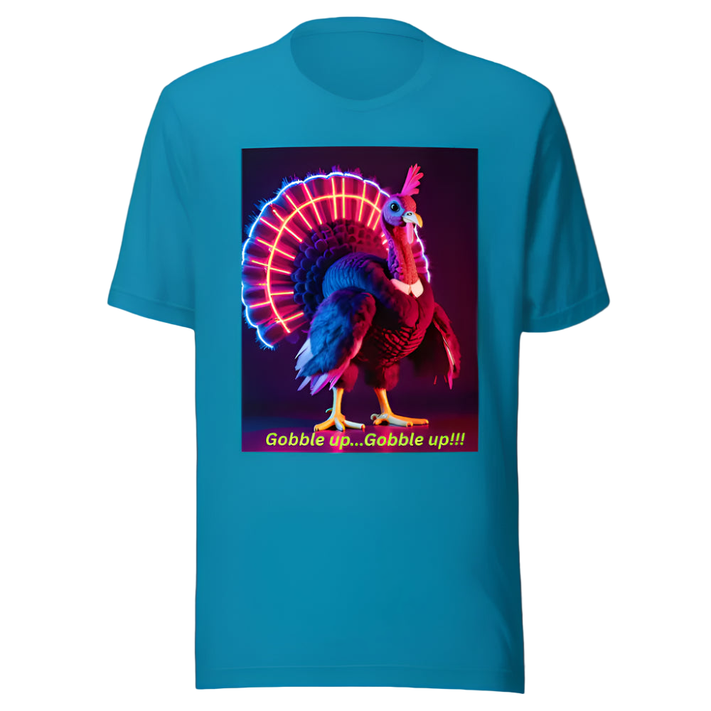 Blue t-shirt with a colorful turkey graphic and text on a white background