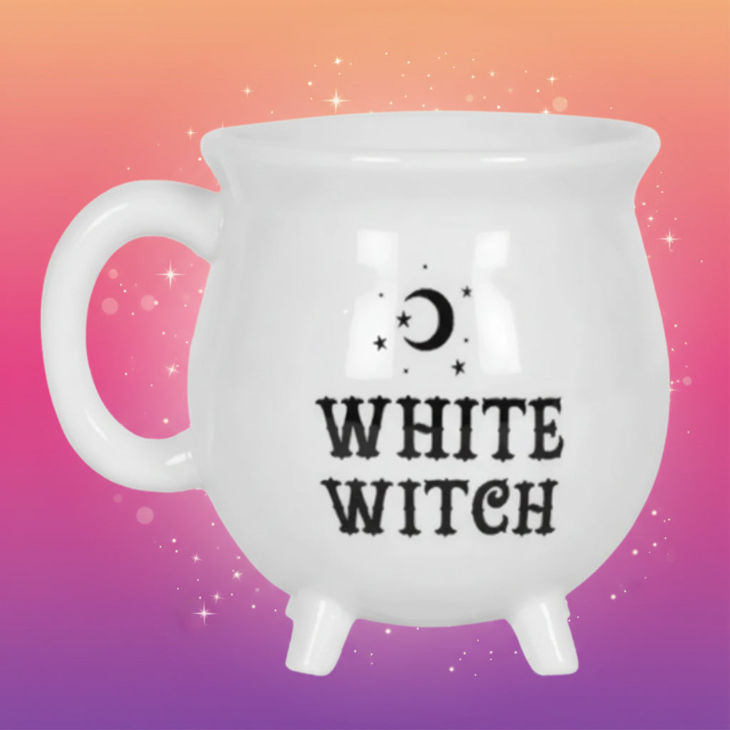 White mug with 'White Witch' text and moon design on a white background