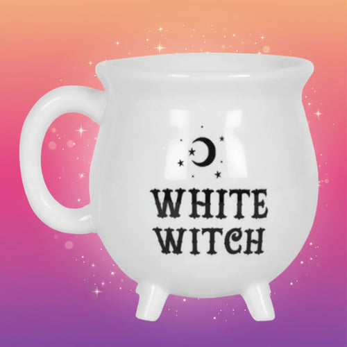 White mug with 'White Witch' text and moon design on a white background