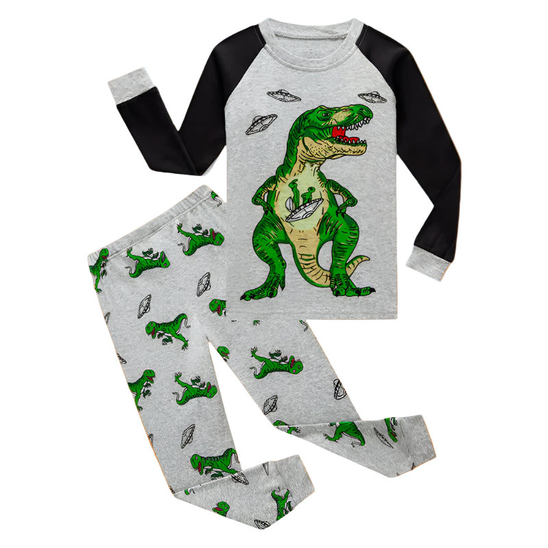 Children's pajama set with dinosaur design on a white background