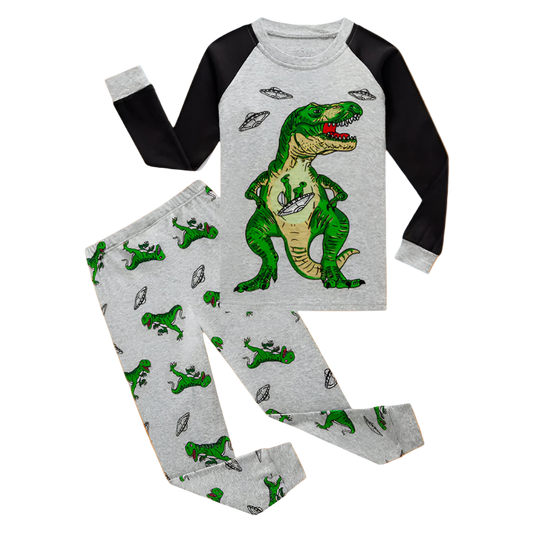 Children's pajama set with dinosaur design on a white background