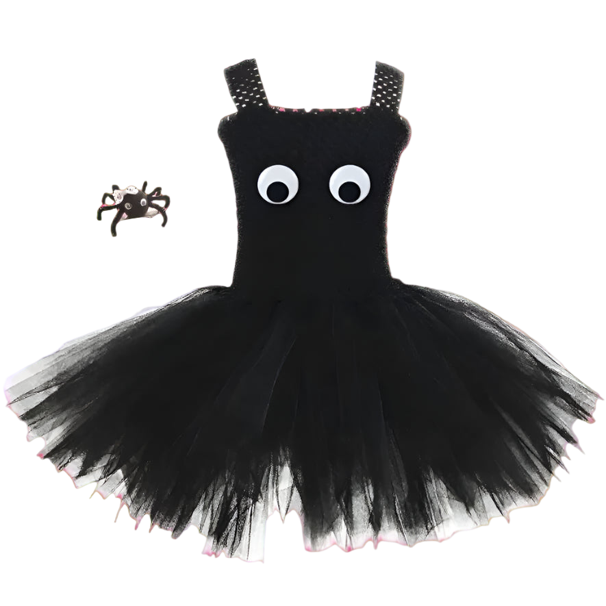 Black tutu dress with spider embellishment on a white background