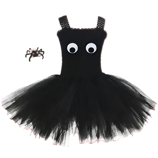 Black tutu dress with spider embellishment on a white background