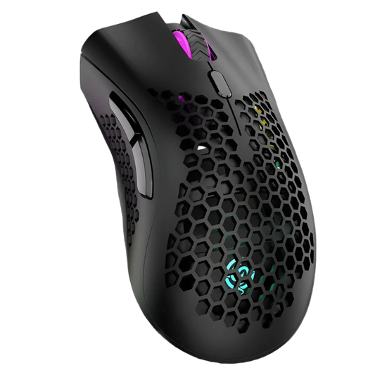 Black gaming mouse with honeycomb design on a white background