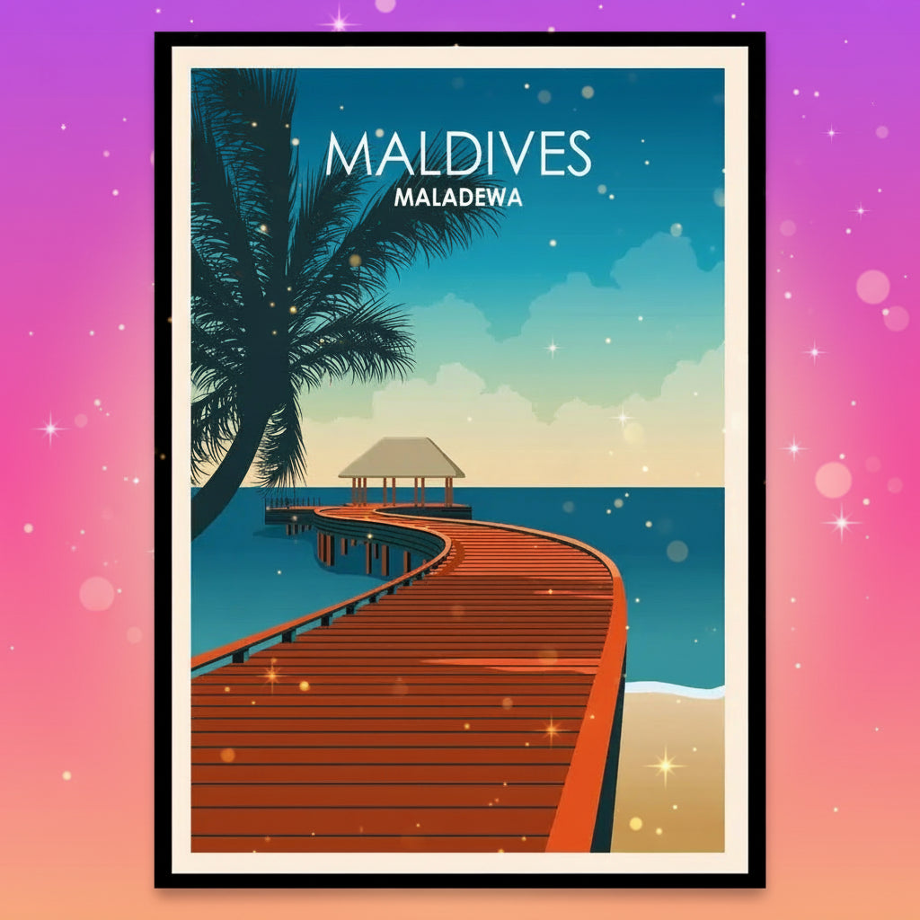Poster of a tropical beach scene with a wooden walkway and palm tree, labeled 'Maldives'.