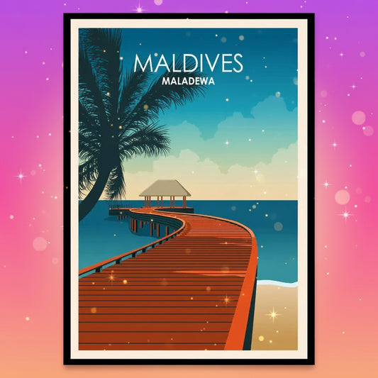 Poster of a tropical beach scene with a wooden walkway and palm tree, labeled 'Maldives'.