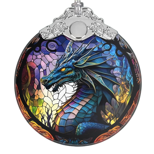 Colorful dragon ornament with intricate design on a white background