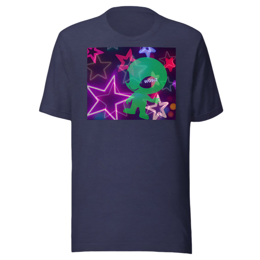 Navy blue t-shirt with a colorful graphic of a green character and stars on a white background